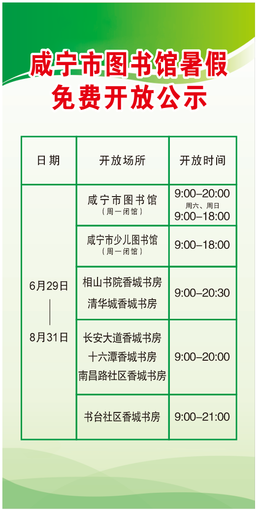 咸宁市图书馆2023年暑期开放时间公告